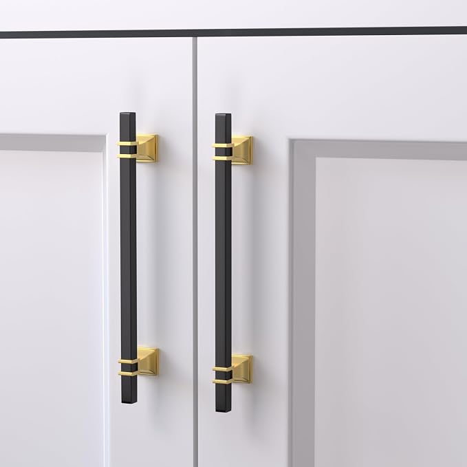 25 Pack 6-1/4 Inch Cabinet Pulls Black and Gold Cabinet Handles Kitchen Cabinet Handles, Black Dresser Drawer Pulls Kitchen Cabinet Hardware