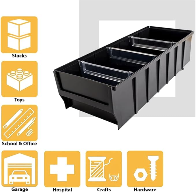 Storage Bin, Multibox RK401606 With 4 Dividers, Drawer Organizer, Multipurpose Plastic Stacking Container, Black, 16x4x6 Inches, Medium Size, 12 pack