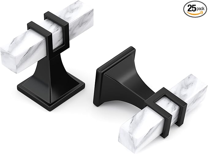 25 Pack Marble & Black Cabinet Knobs, 2 Inch Square Drawer Knobs for Kitchen & Dresser