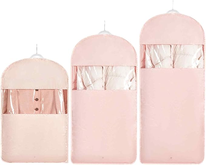 Space Saving Hanging Garment Bag with Self Compression Zipper，Dust Cover Clothes Bags for Down Coat,Dress,Suit，Closet Storage Organizer for Home Travel Use(Pink, M+L+XL)