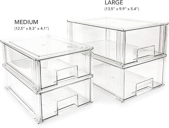 Isaac Jacobs Medium Stackable Organizer Drawer (12.5” x 8.3” x 4.1”), Clear Plastic Storage Box, Pull-Out Bin, Home, Office, Closet & Shoe Organization, BPA-Free, Food/Fridge/Freezer Safe (Medium)