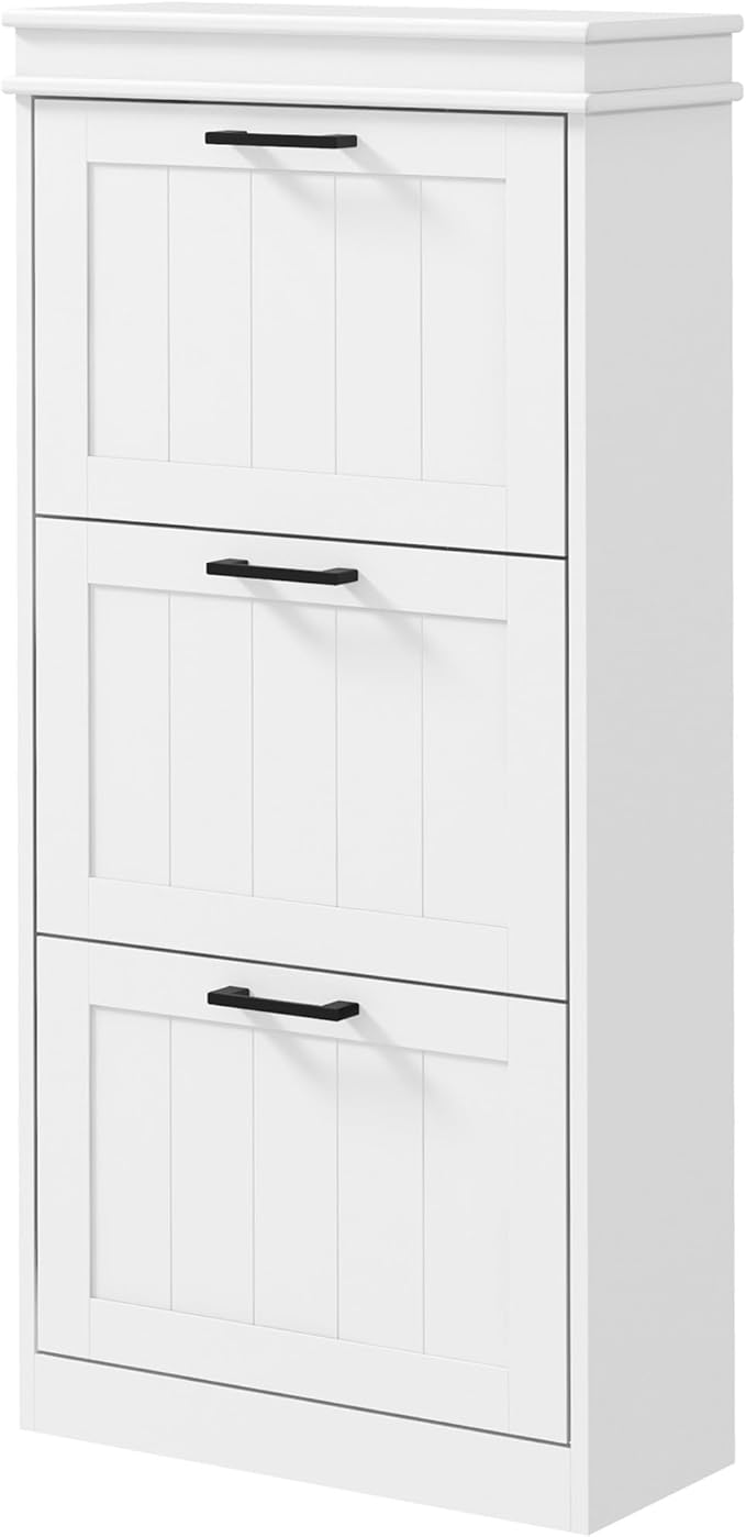 HOMCOM Shoe Storage Cabinet with 3 Flip Drawers, Narrow Shoe Cabinet, White | Freestanding, Adjustable Shelves, Slim Hidden Rack Organizer, Entryway, Hallway