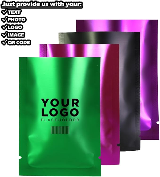 100PCS Customized Mylar Heat Seal Bags,Open Top Clear Packaging Bag with Tear Notch, Single-Side Printing for Logo/Text/QR Code (Black, 12 * 18CM/4.7"*7.1"-100PCS-One Color Print)