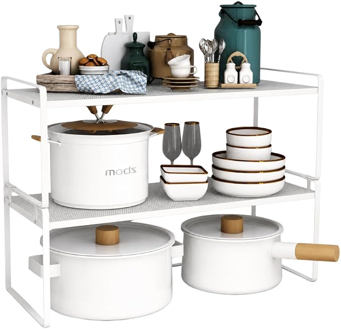2 Pack Stackable Cabinet Shelf Organizer - Heavy-Duty Coated Metal Storage Rack, Non-Slip Space-Saving for Kitchen Pantry, Under Sink, Cupboard, Countertop (Mesh White)