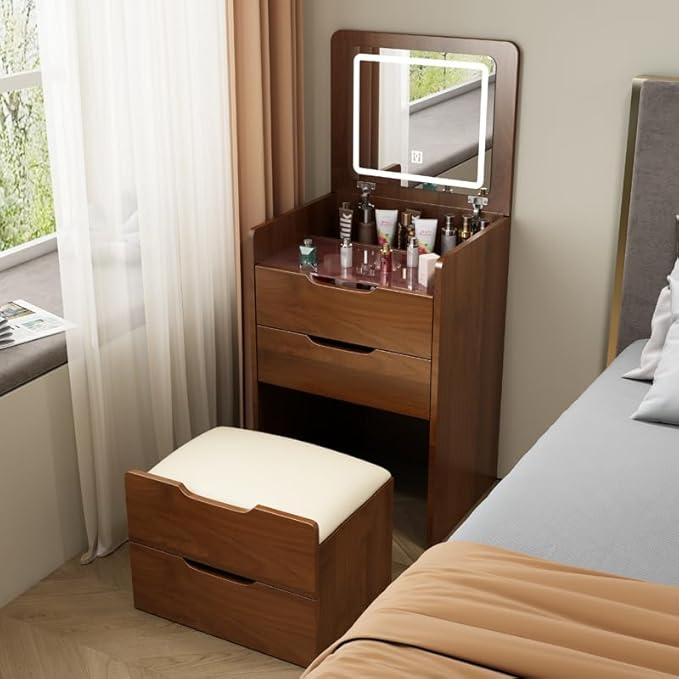 3 in 1 Vanity Desk with Mirror and Lights,Small Make Up Vanity Set with Visible Glass Desktop,Compact Makeup Vanity with 3 Drawers & Stool, Dressing Table for Bedroom (Walnut, 18.9" L)