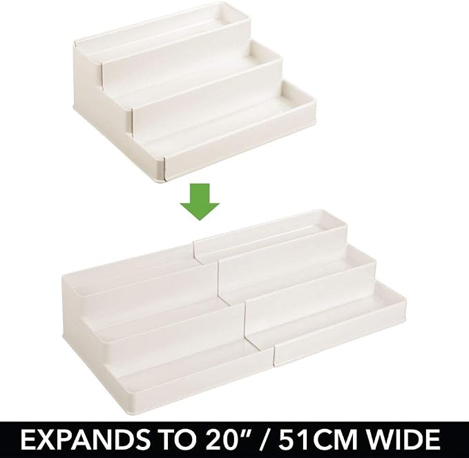 mDesign Plastic Expandable 3-Tier Shelf Rack Organizer - Storage for Bathroom Vanity, Cabinet, Cupboard, Drawer - Holds Medicine, Vitamins, Supplements, Cosmetics - Ligne Collection - Cream/Beige