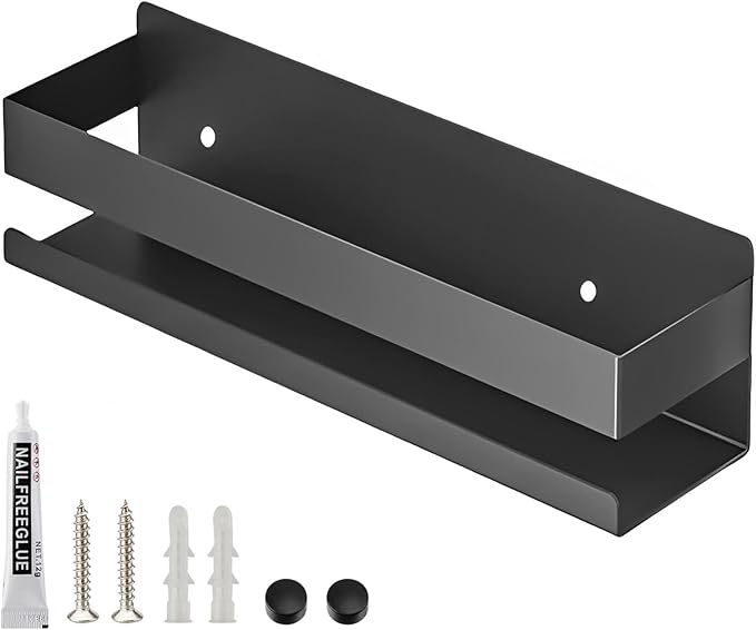 Floating Shelves Wall Mounted, Rustproof Stainless Steel Bathroom Shelf, Black Nail-Free Kitchen Spice Rack, Adhesive Storage Organizer for Shower & Home Decor