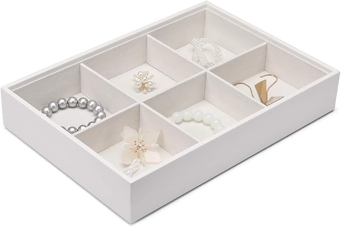 VLANDO Stackable 4-Layer Jewelry Tray - Multipurpose Jewelry Accessories Display Storage and Organizer for Earring Necklace Bracelet Ring, White with Clear Lid