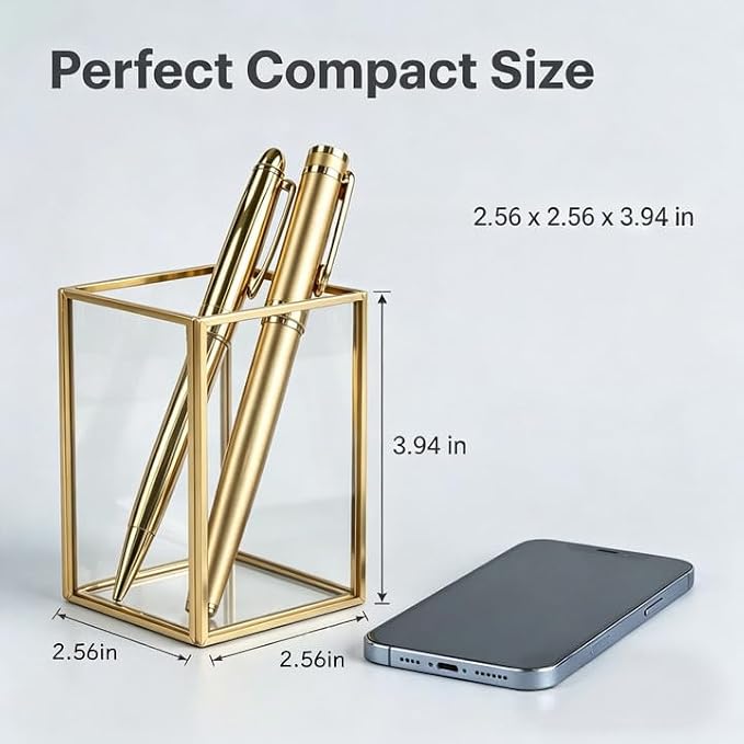 Feyarl Glass Pen Holder Set of 2pcs Clear Pencil Cup Desk Organizer Transparent Glass Office Supplies Holder for Pens Pencils Markers Makeup Brush Holder for Vanity Desktop (2.56 x 2.56 x 3.94 Inch)