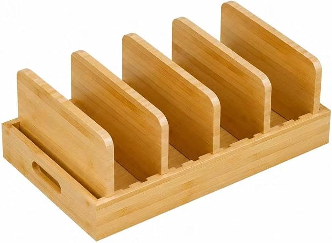 Simple Trending Food Container Lid Organizer for Kitchen Cabinet, Bamboo Lid Holder with 5 Tall Adjustable Dividers, Extra Large Pots and Pans Storage Rack, 15.6''D × 10.4''W × 5.1''H