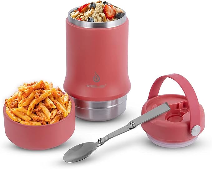 Ideus Soup Thermo with Foldable Spoon and Bowl 20oz, All-in-one Insulated Bento Lunchbox Stainless Steel Leakproof Portable Soup Container Vacuum Thermal Food Jar for Lunch, Red