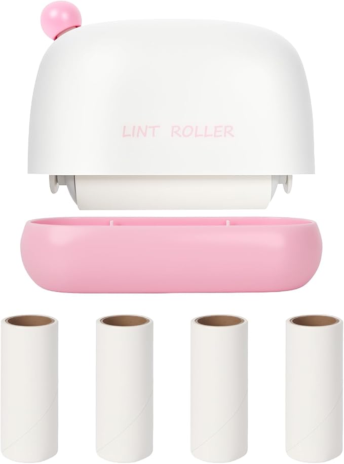 Disposable Mini Lint Roller with 4 Refills, PinkWhite | Portable, Easy Tear Residue-Free, Pocket-Sized for Travel Clothes, Furniture, Carpets, Pet Hair Remover, Fits in Wallet Bag