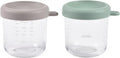 BEABA 2 Pack Glass Baby Food Jars with Soft Silicone Air Tight Lids, 8 oz Glass Storage Containers with Lids, Microwave and Freezer Safe Containers, Sage