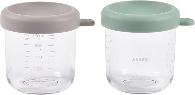 BEABA 2 Pack Glass Baby Food Jars with Soft Silicone Air Tight Lids, 8 oz Glass Storage Containers with Lids, Microwave and Freezer Safe Containers, Sage