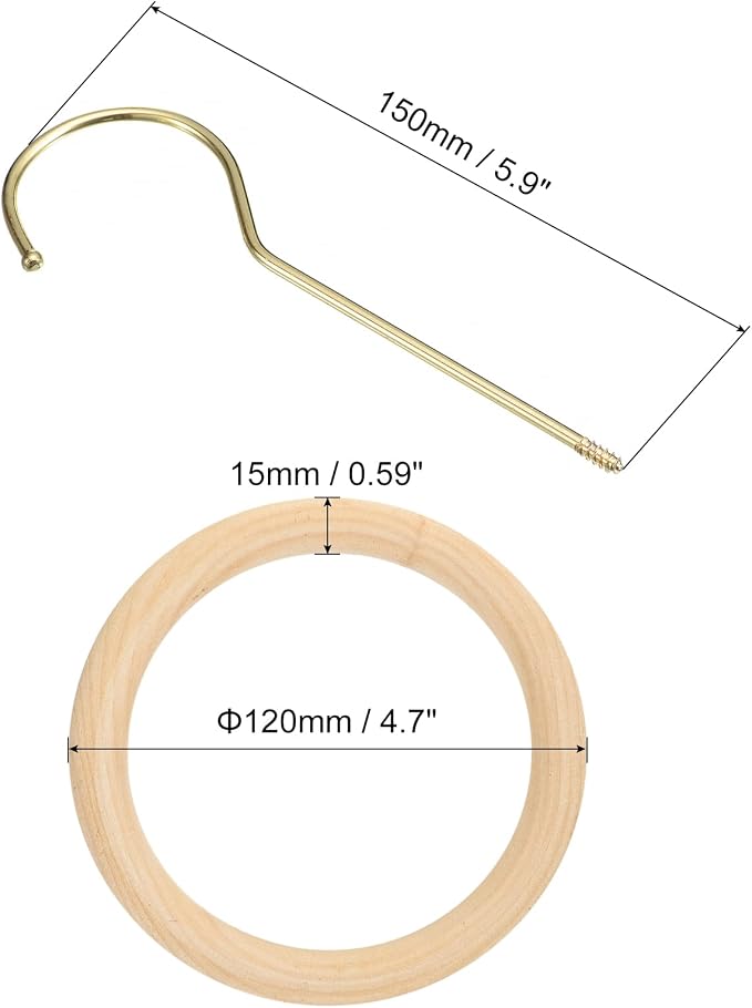uxcell 4.7 Inch Scarf Ring Hanger, Scarf Organizer Holder Wooden Circle Rings Hanging Hook for Belt Tie Scarf, 15cm Length Hook (Gold)