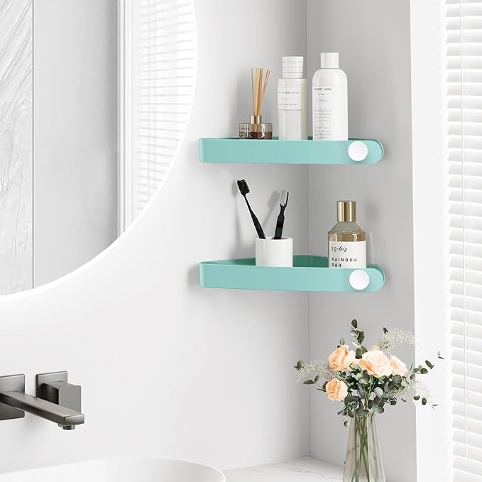 Sotfamily Plastic Shower Caddy Corner (for 90° Only), 2 Pack,Turquoise | Adhesive Corner Shower Shelves for Bathroom Organizers and Storage, Bathroom Decor, No Drill, Rust Free