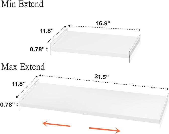 Slideep Expandable Closet Tension Shelf, Metal Adjustable Wardrobe Shelves Organizer System with Strong Seamless Sticker for Kitchen, Wardrobe, Cupboard 2 Pack (L:16.9'' to 31.5"; W:11.8")