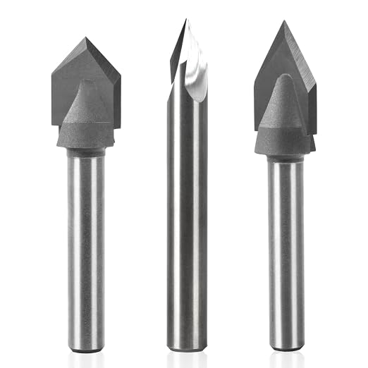 POWERTEC V Groove Router Bits Set, 1/4" Shank, (2) 60-Degree (1/4" & 1/2" Cutting Dia.) & 90-Degree (1/2" Cutting Dia.) Woodworking Router Bits for use on CNC Machine and Router Tool (73031)