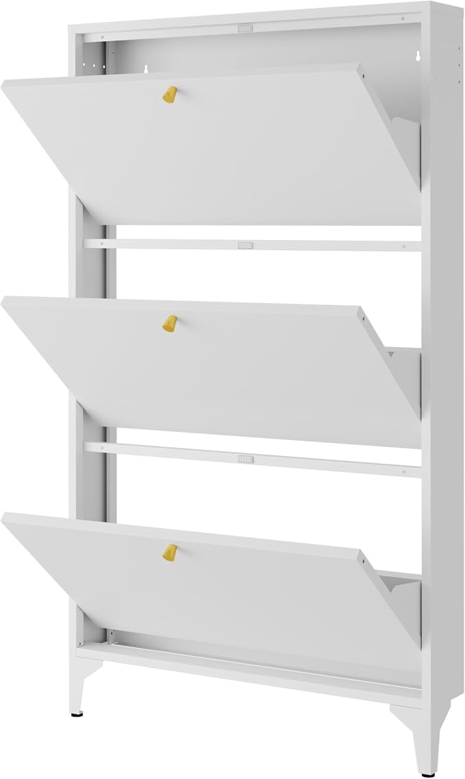 Freestanding Shoe Cabinet with 3 Flip Drawers-Metal Narrow Shoe Rack for Entryway,Hallway,Living Room-Hidden Metal Shoe Cabinet (3 Door, White)