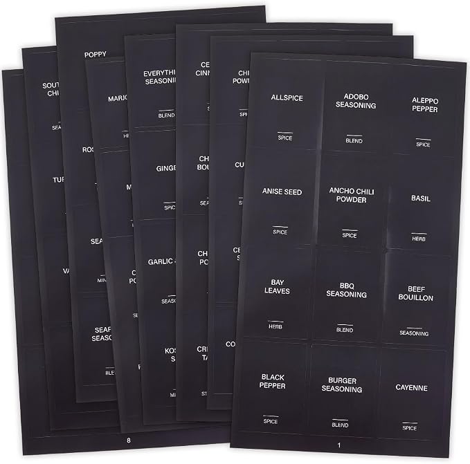 480Pcs 5 Sets 2 x 1.5In Black Spice Jars Labels Stickers Preprinted Waterproof Spice Bottle Stickers Rectangle Oil Resistant Labels for Kitchen Pantry Home Laundry Bathroom Organization