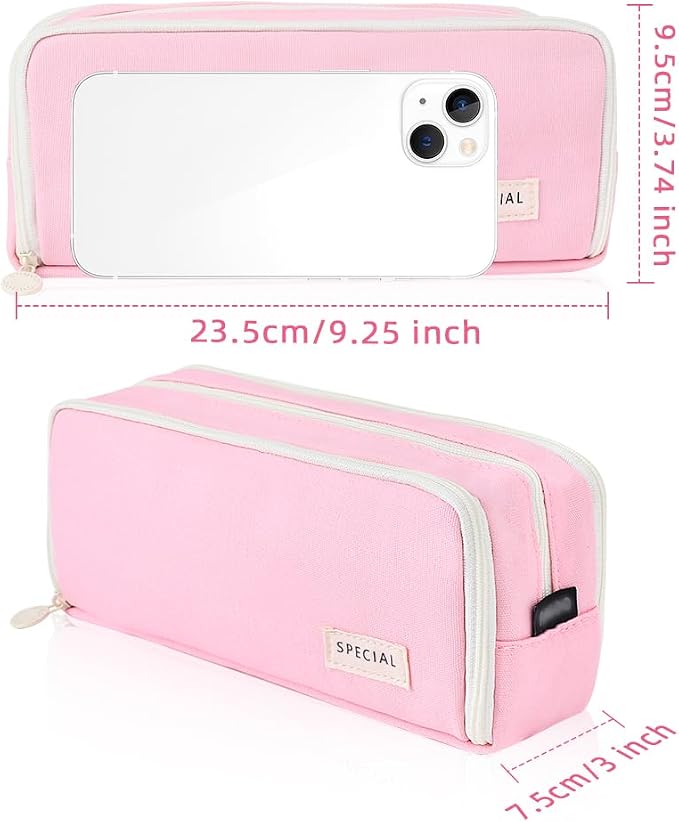 iSuperb 3 Compartments Pencil Case Pouch Big Capacity Pencil Holder for Kids Teen Girls Boys Student School Supplies Oxford Stationery Storage Cosmetic Case (Pink)