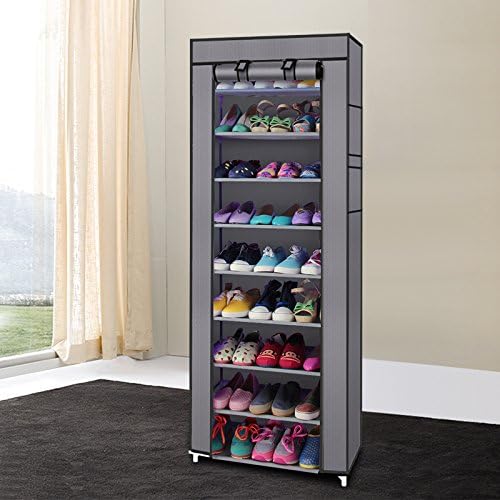 Shoe Rack, 10 Tier Shoe Organizer with Dust Cover, Shoe Storage Shelf for 20-27 Pairs of Shoes, Designed for Doorways, Entryway, Suitable for Sneakers, High Heels, Flats, and Boots (Grey)