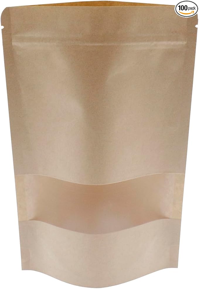 Kraft Paper Zipper Pouches,ULIFESTAR Kraft Stand Up Zip Lock Pouch Bags,100PCS Resealable Bag with Transparent Window and Tear Notch Resealable Bag for Small Business HomeUse,7.9"*11.8"(20*30cm+5cm)