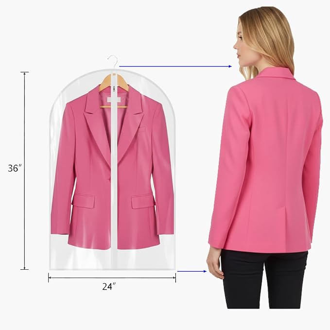 36” All Clear Garment Bags for Women Suit Bags - PEVA Waterproof Suit Cover with Zipper for,Hanging Clothes, Coats - Durable Dresser for Closet Storage, Dustproof & Moisture Resistant - 36”/6 Pack