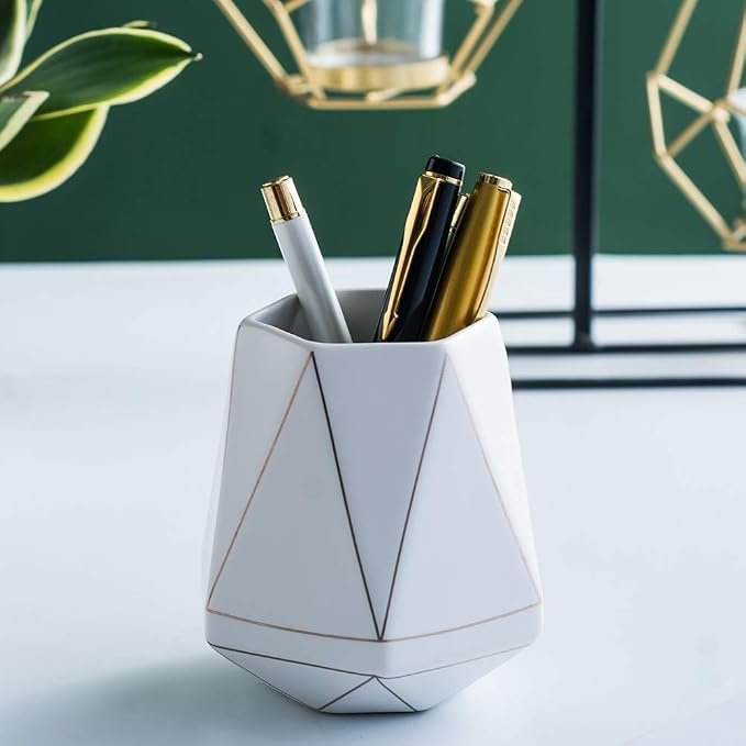 Ceramic Desk Cute Pen Holder Stand Gold Line Pencil Cup Pot Desk Organizer Makeup Brush Holder (White)