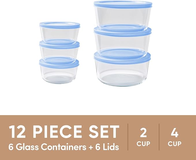 12-Piece Glass Food Storage Containers Set (6 Containers + 6 BPA-Free Lids) | 2-Cup & 4-Cup, Leakproof | Microwave, Freezer, Oven & Dishwasher Safe | Ideal for Meal Prep & Pantry Organization, Blue