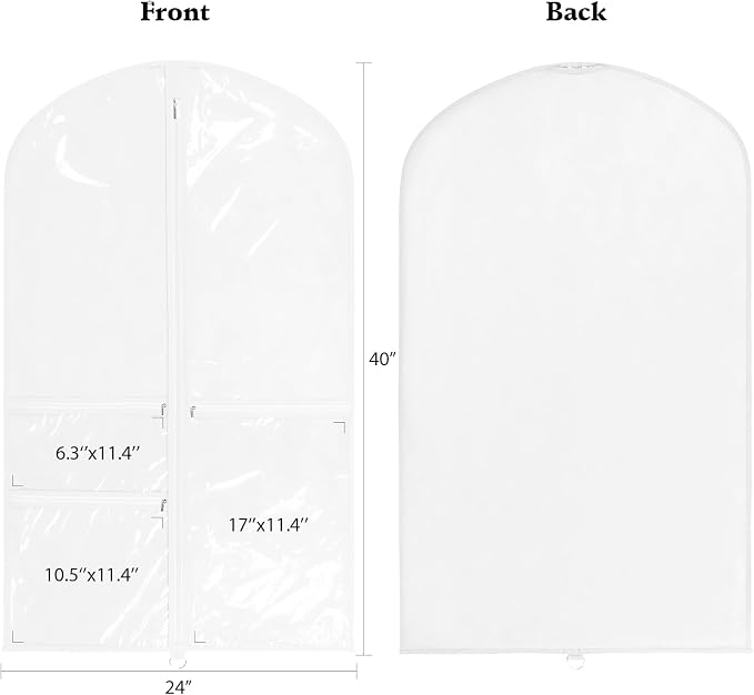 Univivi Dance Costume Garment Bag, 40 Inch Garment Bags for Dance Costumes Kids Dance Costume Bag with 3 Medium Clear Zipper Pockets for Dance Costumes, Hanging Clothes (White) - 4 Pack, UN0783