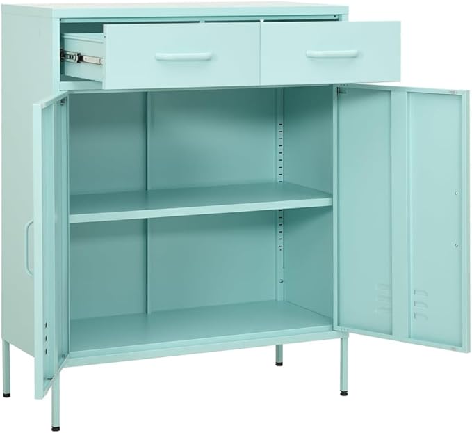 Mint Green Steel Storage Cabinet with Adjustable Shelves, 2 Drawers and Open Shelf for Office Living Room Organization, Modern Metal Furniture with Durable Structure and Easy