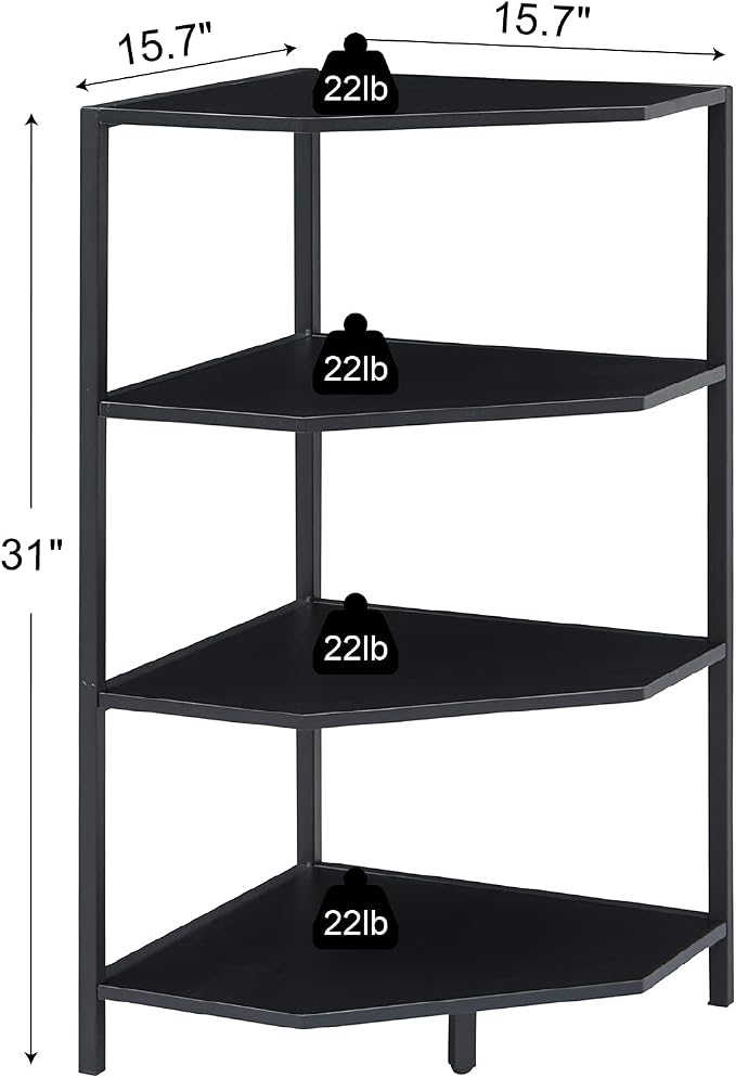 VECELO 31 Inch Corner Shelf, 4-Tier Display Shelves, Wood Storage Stand with Metal Frame, Multipurpose Shelving Unit for Small Space, Home Office, Black