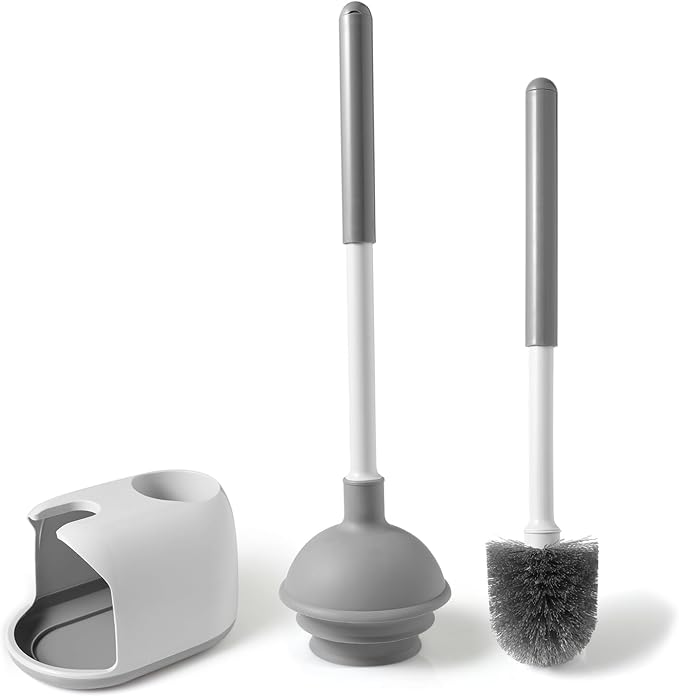 Eyliden Toilet Plunger & Brush Set, 3-Step Suction Cup, Compact Caddy | Space-Saving Toilet Deep Cleaning Combo with Holder, Ultra-Tight Seal, Durable, Nylon Bristles, Bathroom Essentials