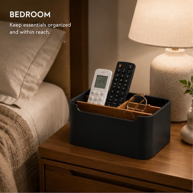 Remote Control Holder, Desk Organizer with Removable Dividers,Black | 5-compartment resin and wood organizer holds remotes, pens, glasses, and media devices for desk, coffee table, or nightstand