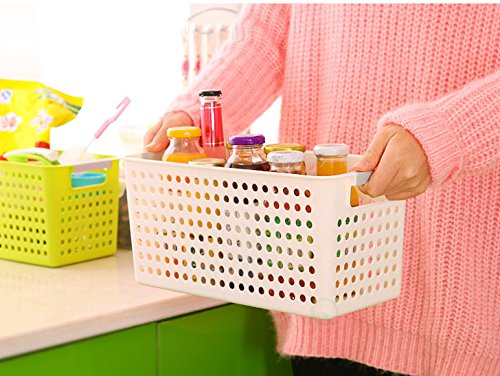 Basicwise Rectangular Plastic Storage Basket with Easy-Grip Handles Ventilated Organizer Bin for Bathroom Pantry Closet Laundry Kitchen Shelves Countertops and Home Organization Essentials, White