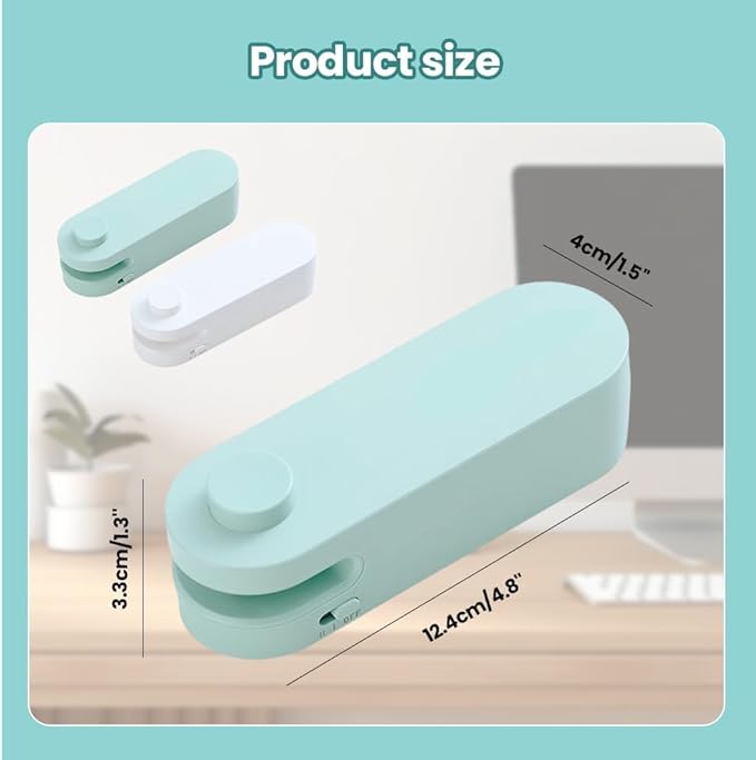 New Mini Bag Sealer with Cutter - USB Rechargeable Chip Bag Sealer, Heat Seal Portable Resealer for Snacks & Food Storage (White+Green, 2pcs)