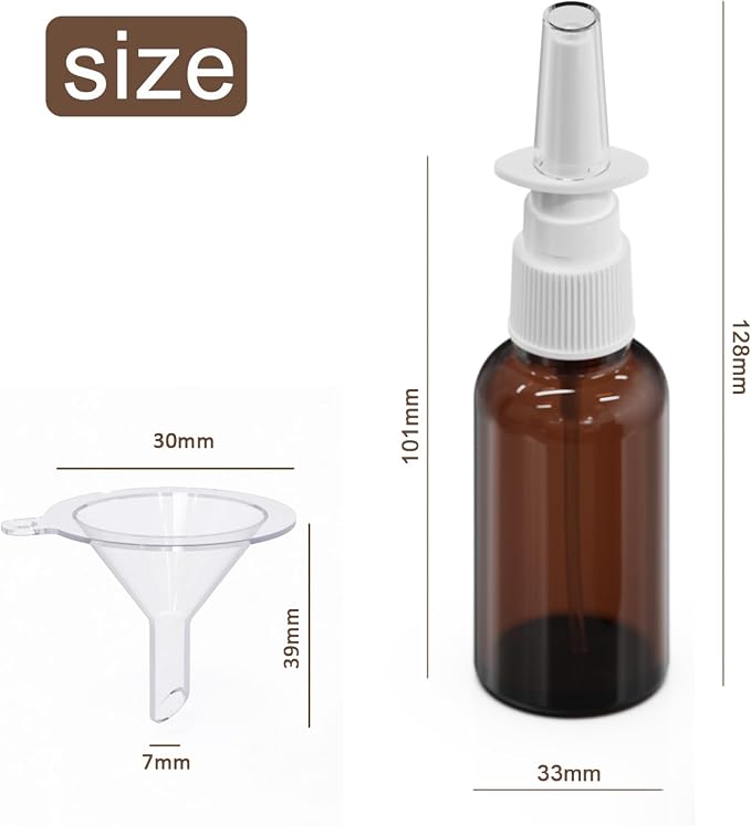 6 Pack 30ml (1oz) Amber Glass Nasal Spray Bottle, Empty Refillable Glass Nasal Sprayers Mist Bottles with Funnels, Dispensing Container with White Pump Sprayer (30ml(6pcs))