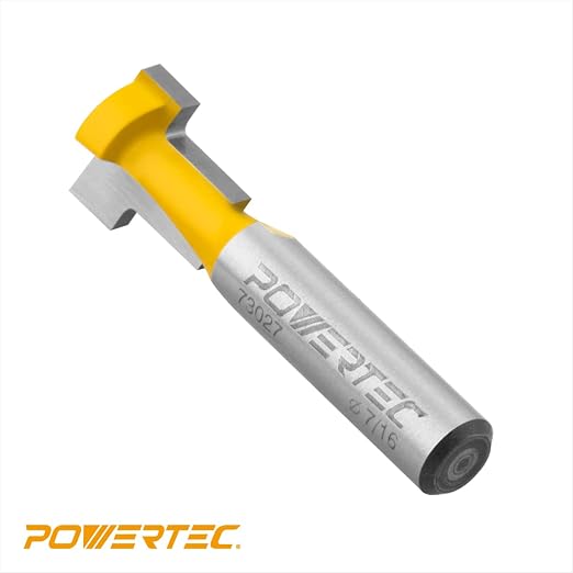 POWERTEC T Track Router Bit, Tungsten Carbide Tipped Router Bit, 1/4 Shank, 7/16" Dia., Slatwall, T Slot for Picture Frames, Plaque, Compatible with 1/4" Hex Bolts, 2PK (73027-P2)