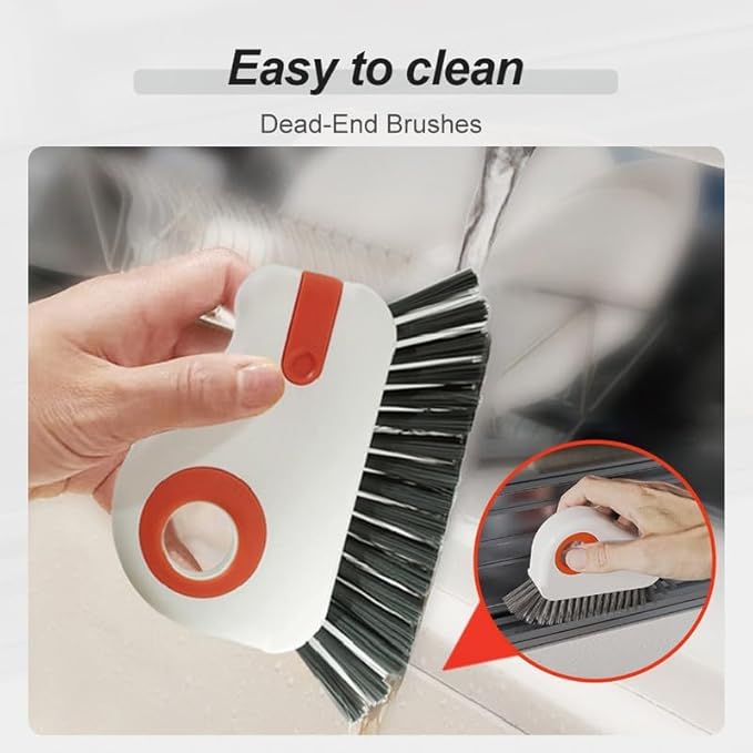 2 in 1 Groove Cleaning Brush, 2025 New Window Track Cleaning Tools, Multifunctional Bristle Crevice Brush with Hidden Scraper for Sliding Door Track Window Seal (Gray+Orange)