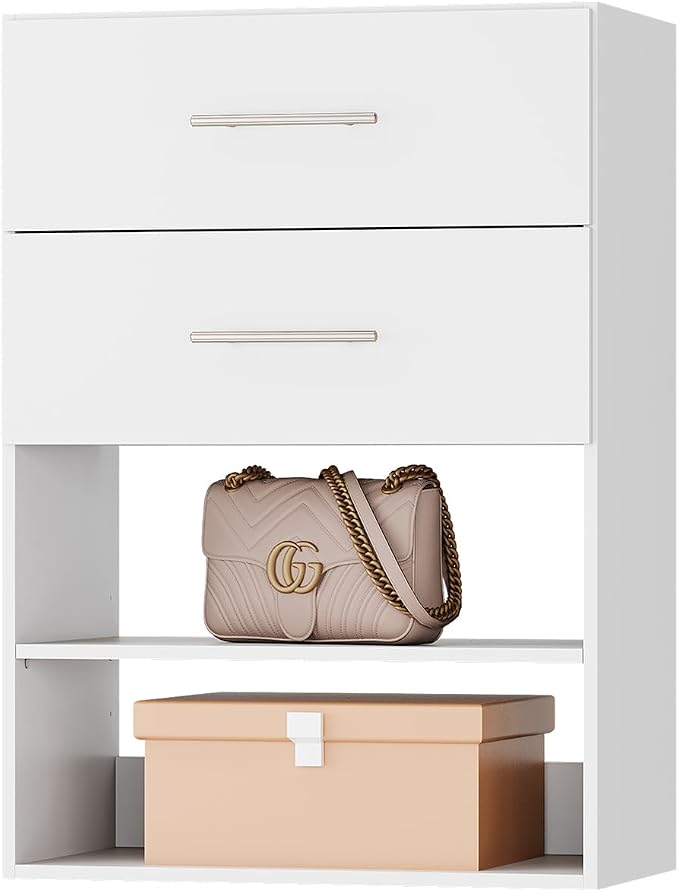 ROOMTEC 19.5" 2 Drawer Short Tower Closet Unit, Modular Closet System with Drawers and Shelf, Wardrobe Organizer for Bedroom or Walk-in Closet, Wall Mounted, Customizable Clothes Storage Unit, White