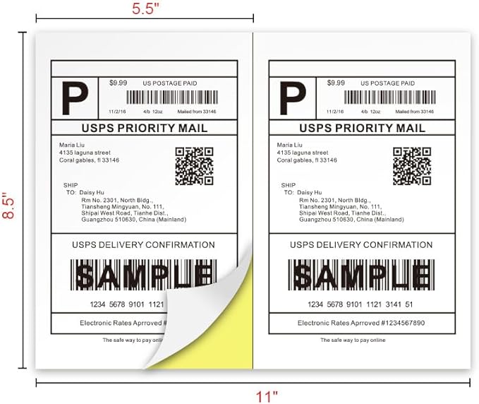 [100 Sheets; 200 Labels] Half Sheet Self Adhesive Shipping Label for Laser & Inkjet Printers, 2 Per Page Self Adhesive Mailing Labels – White 8.5'' x 5.5'' Label Paper
