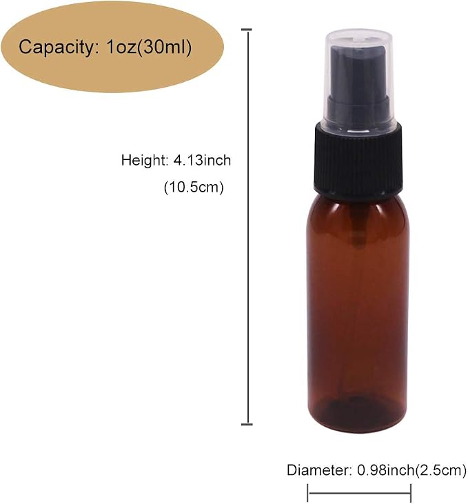 1 oz 24 Pack Amber Plastic Spray Bottles for Essential Oil, Perfume | Travel Bottles With Fine Mist Sprayer, Funnel, Chalk Labels for Aromatherapy, Alcohol
