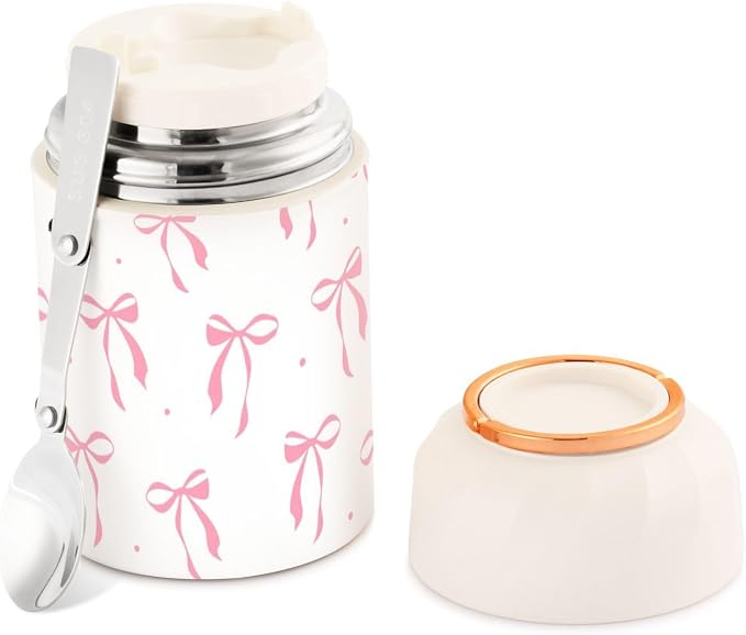 Pink Bow Vacuum Insulated Food Jar with Spoon, 17oz Stainless Steel Hot Cold Lunch Container, Wide Mouth Leakproof Soup Thermo for Kids Adults