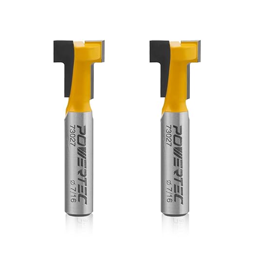 POWERTEC T Track Router Bit, Tungsten Carbide Tipped Router Bit, 1/4 Shank, 7/16" Dia., Slatwall, T Slot for Picture Frames, Plaque, Compatible with 1/4" Hex Bolts, 2PK (73027-P2)