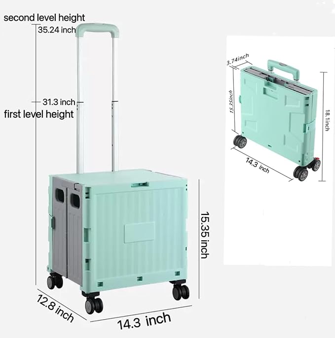 Foldable Rolling Utility Cart with Lid and Telescoping Handle, Collapsible Plastic Storage Crate with 360° Swivel Wheels, Portable Shopping Trolley for Groceries, Travel, Office, and Household Use