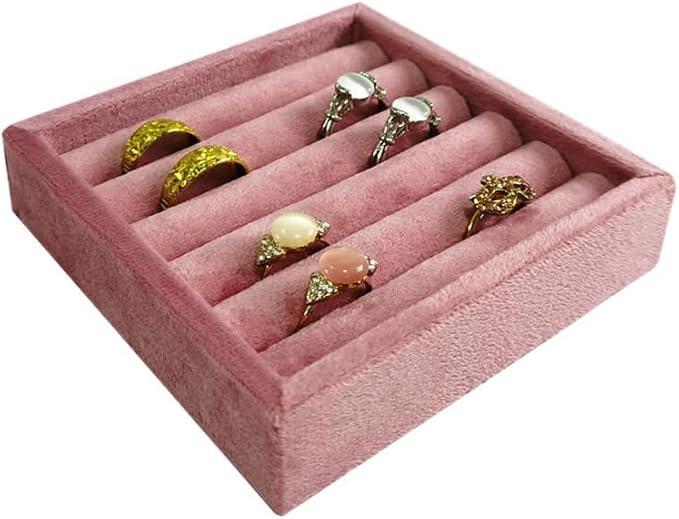 SCIKHETF Velvet 5 Slots Ring Earrings Trays Small Showcase Display Travel Ring Holder & Organizer (Pink)