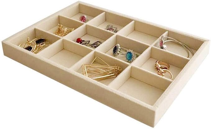 Beige Velvet Jewelry Accessory Organizer Tray 12 Compartment, Stackable Ring & Earring Display Tray, Removable Dividers, Slim Drawer Insert for Rings Earrings Small Jewelry, Dressing Table