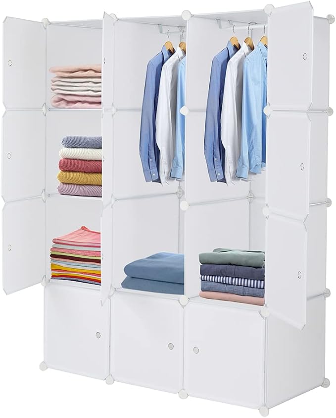 12 Cubes Storage Organizer,Portable Closet Wardrobe,Plastic Clothes Storage Shelves,Modular Bookcase Closet Cabinet,with Doors,for Kitchen, Bedroom, Playroom, Living Room, Office, Dorm (White)