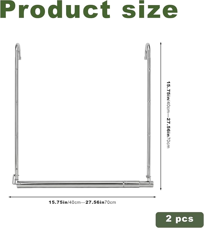 2 Pack Hanging Closet Rod Stainless Steel, Adjustable Width & Height 16–27.5 in Closet Rod Extender with 360° Rotating Hooks, Space-Saving Closet Hanging Organizer for Clothes, Pants, Skirts, Towels